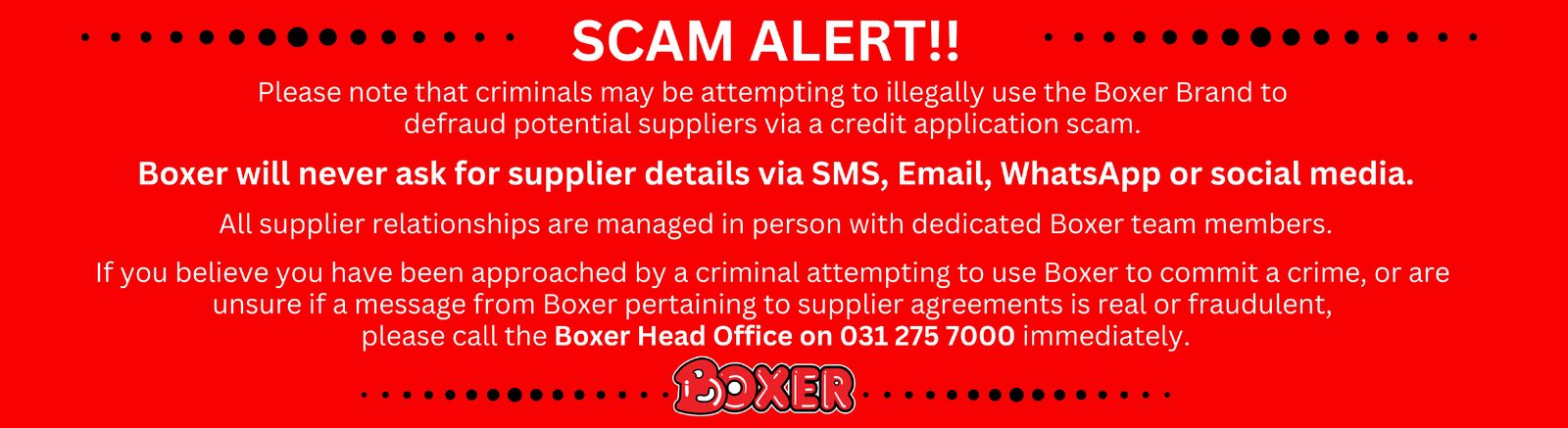 Boxer supplier scam alert notice