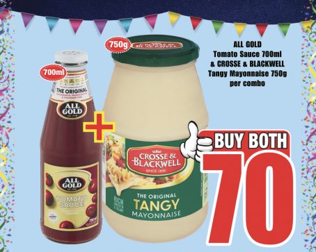 All Gold Tomato Sauce 700ml and Crosse & Blackwell Tangy Mayonnaise 750g combo — Buy Both R70