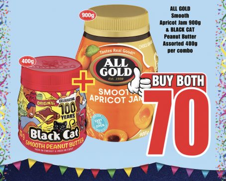 All Gold Smooth Apricot Jam 900g and Black Cat Peanut Butter 400g combo — Buy Both R70